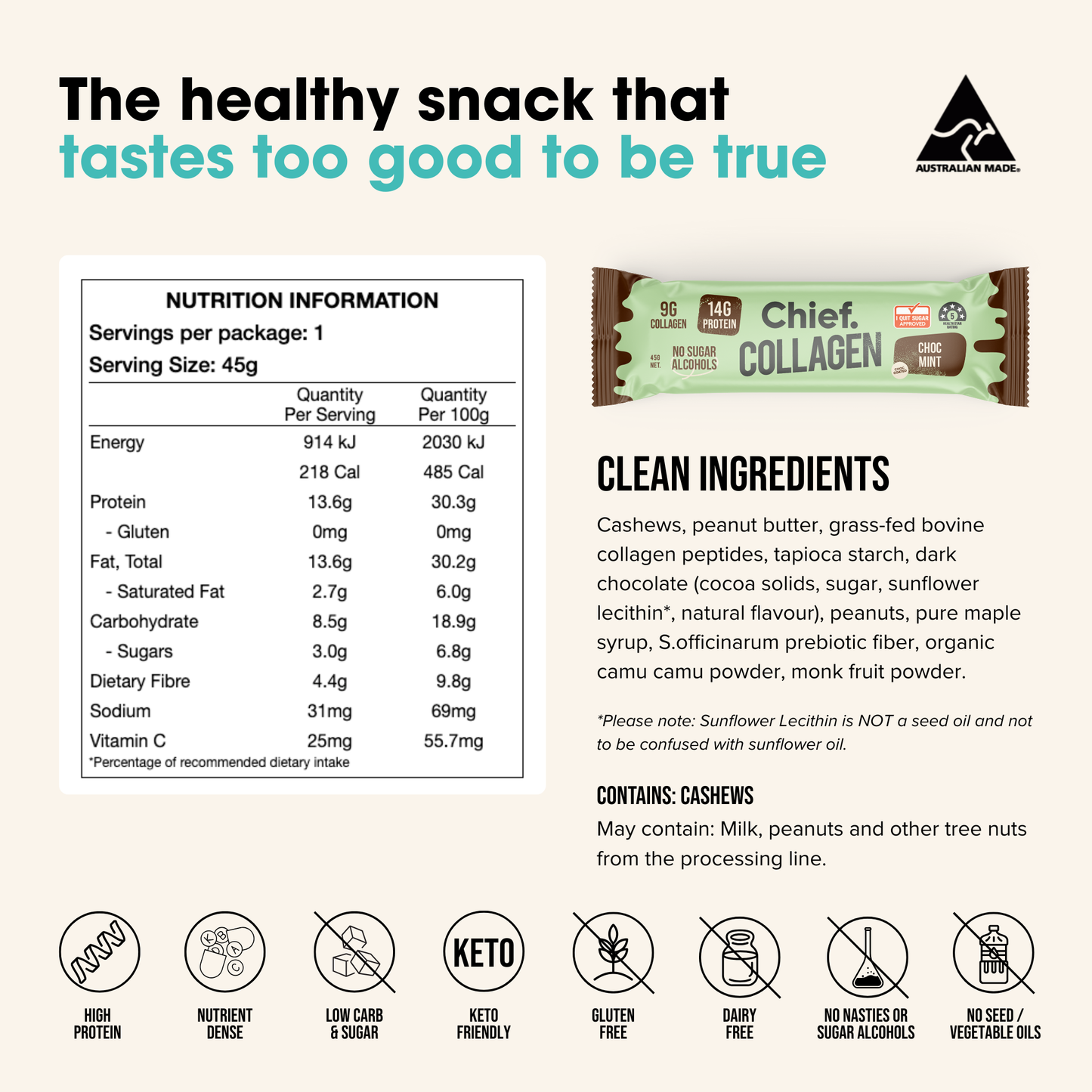 Chief. Collagen Bar Choc Mint 45g