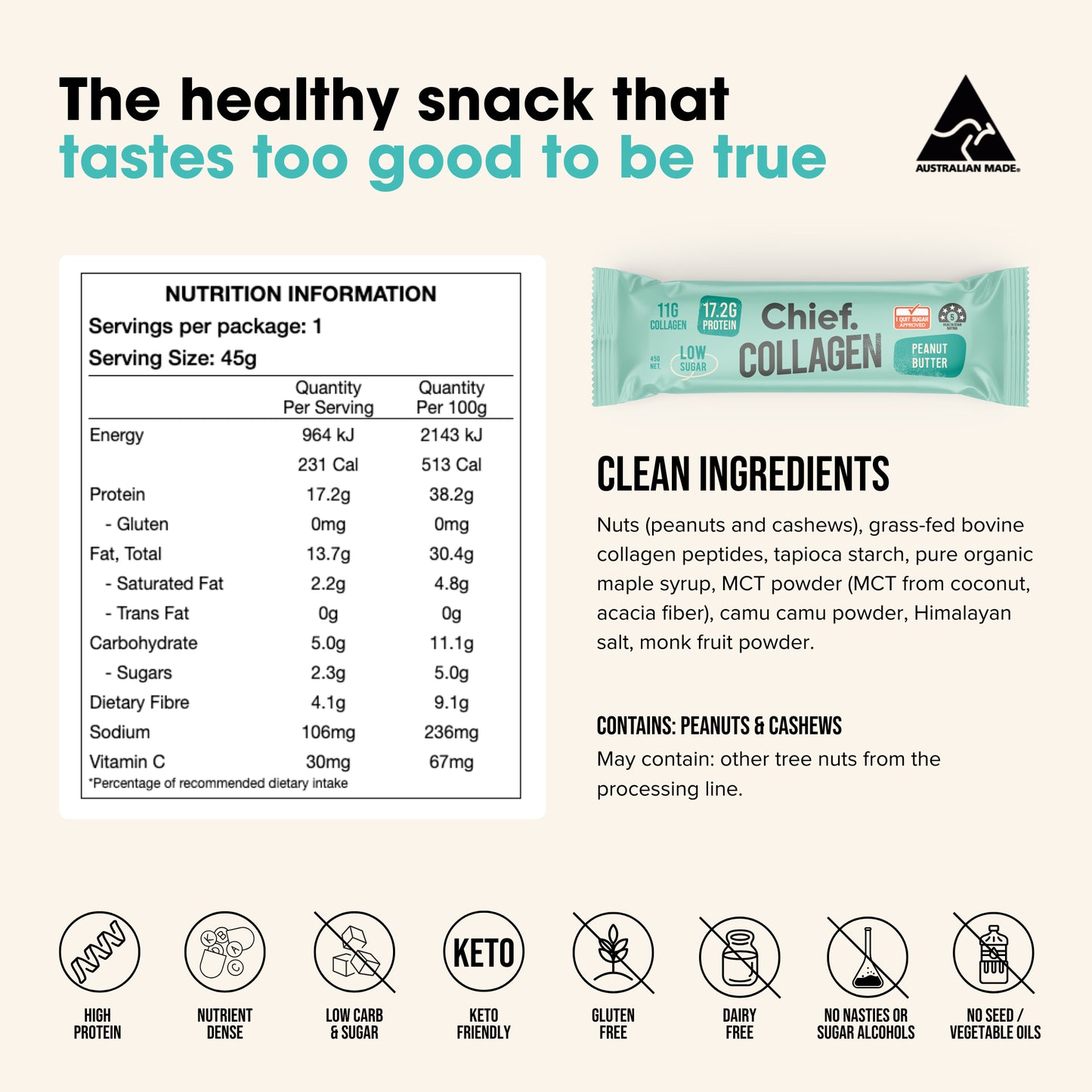 Chief. Collagen Bar Peanut Butter 45g