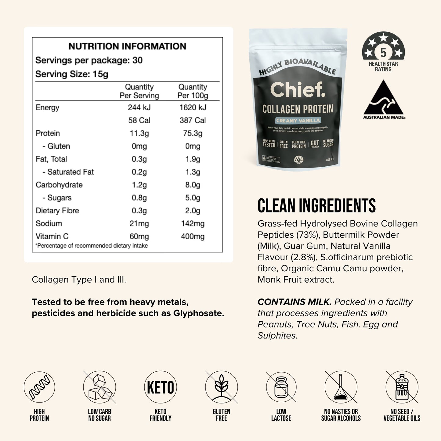 Chief. Nutrition Collagen Powder Vanilla 450g